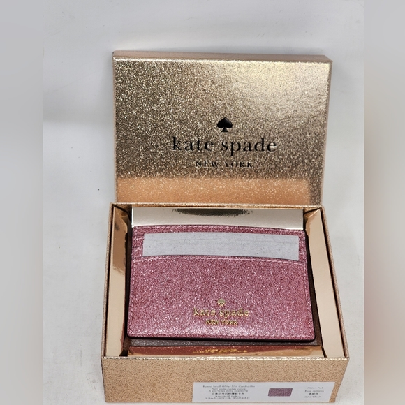 New Kate Spade Pink Leather Wallet Cardholder Small Gift Box Glitter Mitten Pink - Picture 10 of 13